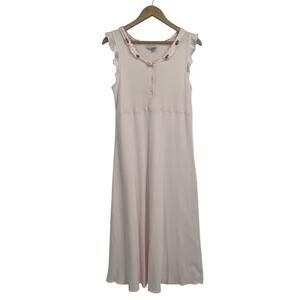 Vintage 90s Coquette Pink Ribbed Lettuce Hem Rosette Cotton Dress Medium